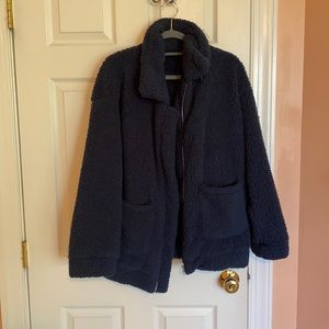 Oversized fuzzy teddy coat in navy blue